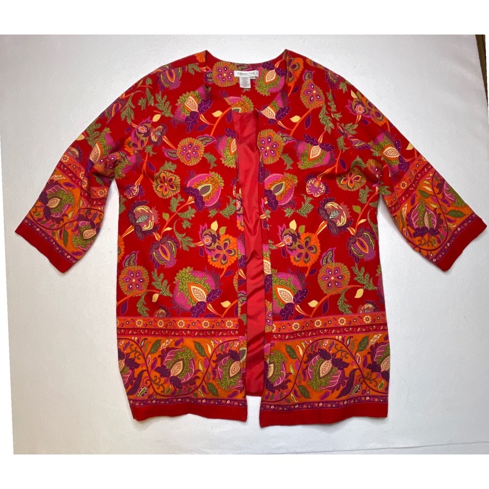 Coldwater Creek Women Jacket Floral Linen Blend Open Front XL Red
